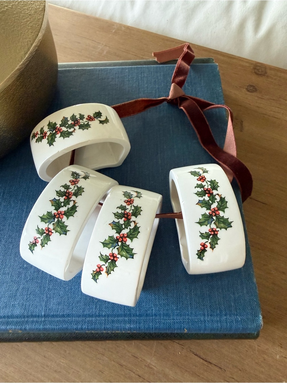 Festive Holly Ceramic Napkin Rings Set - White with Green and Red Accents (4)